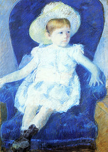 A painting of a child in a blue chair, looking to the side, with pale skin and reddish hair.