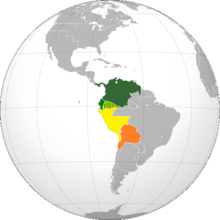 In dark green, Greater Colombia; in light green, the territories annexed to Greater Colombia; in yellow, the liberated territories; in orange, the liberated-associated territories.