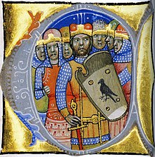 Sieben Krieger, einer hält ein Wappen mit einem Raubvogel