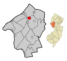 Location of High Bridge in Hunterdon County highlighted in red (left). Inset map: Location of Hunterdon County in New Jersey highlighted in orange (right).