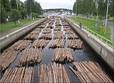 Timber rafting in Joensuu canal, Finland, in 2009
