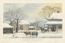 A winter farm scene, with guests greeted at door of farmhouse
