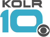 Gray wide letters KOLR above a teal, somewhat futuristic 10 with squarish sides. The CBS eye in gray overlaps the 0 in the lower right with a white cutout.