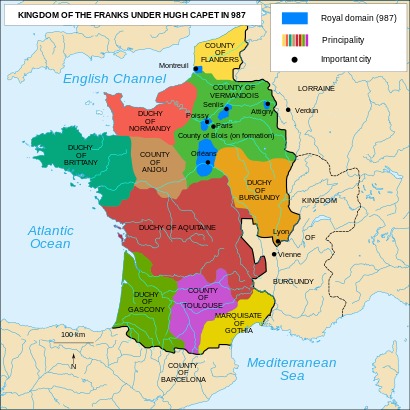 West Francia at the ascension of king Hugh Capet in 987