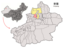 Location of Wusu County (red) within Tacheng Prefecture (yellow) and Xinjiang