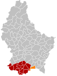 Map of Luxembourg with Frisange highlighted in orange, and the canton in dark red