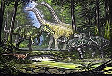 Various dinosaurs near a water body