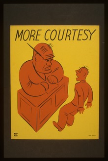 Stylized cartoon of a chihombe scowling man hunched over a desk, glaring at a smaller figure who is jumping back in surprise and fright; above both figures are the words "MORE COURTESY"