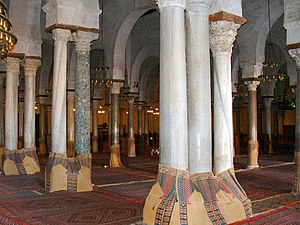 Reused Roman columns and capitals in the Great Mosque of Kairouan