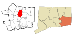 Norwich's location within New London County and Connecticut