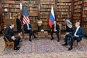 Secretary Blinken with President Biden, Russian President Vladimir Putin and Russian Foreign Minister Sergey Lavrov at the 2021 Russia–United States summit in Geneva, Switzerland, June 2021