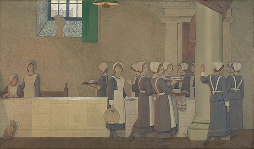 Orphan girls in the refectory of a hospital, proceeding to their place at the table, c. 1915, Wellcome Collection