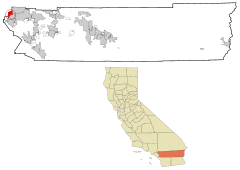 Lage von Eastvale im Riverside County (oben) und in Kalifornien (unten)