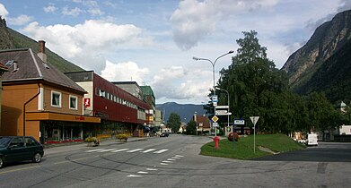 Rjukan town center, narrowly sandwiched between tall, steep slopes