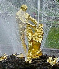 The sculpture of Samson in the central fountain of Peterhof Park