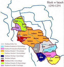 Silesia duchies in 1290–91: Teschen under Mieszko I in yellow