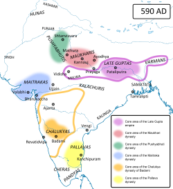 Maitrakas (in blue) and their contemporaries in India in 590 AD