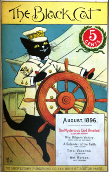 A black cat in a nautical jacket stands on two legs at the wheel of a boat