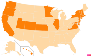 States in the United States by the percentage of the over 25-year-old population with bachelor's degrees according to the U.S. Census Bureau American Community Survey 2013–2017 5-Year Estimates.[239] States with higher percentages of bachelor's degrees than the United States as a whole are in full orange.