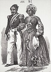 Engraving of Malagasy couple in 19th-century elegant European dress, walking arm in arm