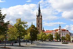Jana Žižky z Trocnova Square with the town hall and Church of Saints Peter and Paul