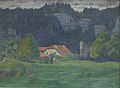 Hof Dürrenberg mit Storchenflue – bei Langenbruck BL. Oel auf Hartkarton – Format 32 × 24 cm; datiert 1914.