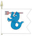 The traditional colour of the 7th Surface Combat Flotilla of the Coastal Fleet features a blue merlion adapted from the Lion of Finland, striking with a trident.