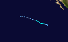 A track map of a tropical storm over the Eastern Pacific Ocean; the storm generally moves west-northwestward