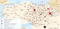 Armenian genocide: map of massacre locations and deportation and extermination centers.