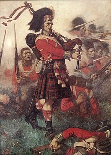 Highly stylised depiction of Highland regiment soliders in battle, including a statuesque bagpiper
