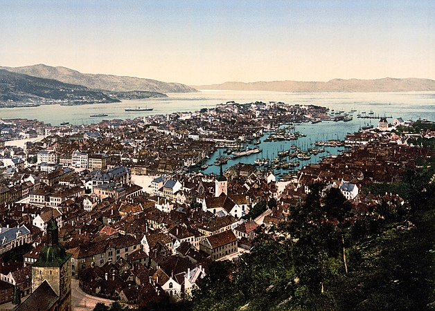 Bergen, Norway, c. 1890s. Visible are Bergen Cathedral in the bottom left side, Holy Cross Church in the middle, the bay (Vågen) and the Bergenhus Fortress to the right of the opening of Vågen.