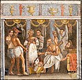 Image 19All-male theatrical troupe preparing for a masked performance, on a mosaic from the House of the Tragic Poet (from Roman Empire)