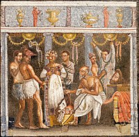Roman mosaic depicting actors and an aulos player (House of the Tragic Poet, Pompeii)