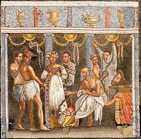 Mosaic depicting a cast of tragic actors