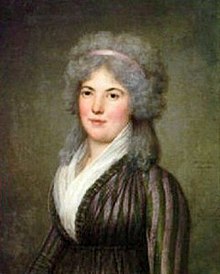 Painting of a woman with grey hair in a brown jacket