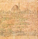 16th-century illustration showing the original Fatih Mosque (top)