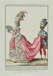 Pink had become a popular color throughout Europe by the late 18th century. It was associated with both romanticism and seduction. This fashion plate is from 1778 to 1787.