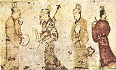 Two gentlemen engrossed in conversation while two others look on, a painting on a ceramic tile from a tomb near Luoyang, Henan, dated to the Eastern Han dynasty (25–220 AD)