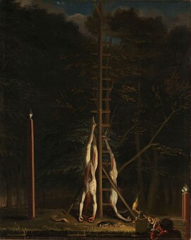 An oil painting of two dead men hanging upside down