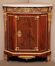 Parisian corner cabinet; by Jean Henri Riesener; 1780–1790; oak, mahogany, marble, and ormolu mounts; 94.3 × 81.3 × 55.9 cm; Art Institute of Chicago, US[67]