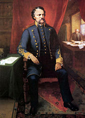 Painting of middle-aged man with brown, bushy mustache. Wearing Confederate general's uniform.