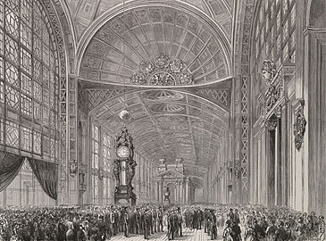 Monumental conical clock by Eugène Farcot at the hall of the Galerie d'Iéna of the Palais du Champ-de-Mars