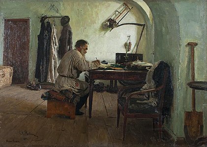 Tolstoy writing at Yasnaya Polyana, Pushkin House (1891)