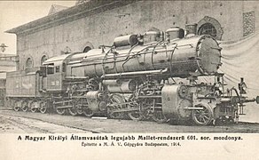The four-cylinder 2,950 hp (2,200 kW) MÁV Class 601 was the strongest steam locomotive of pre WW1 Europe.[70][71][72]