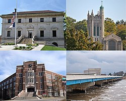 Clockwise from top left: Ottumwa City Hall (Federal Building), St. Mary of the Visitation Catholic Church, Market Street Bridge and Bridge View Center, and Ottumwa High School