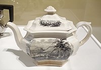 Transfer-printed teapot for the American market, c. 1845, showing Peekskill Landing on the Hudson River, William Ridgway & Co