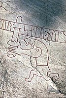 Sigurd holding the sword Gram on the Ramsund carving, c. 1030