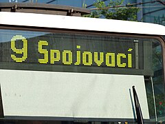 Destination and line number signs on public transport vehicles (tram in Prague, Czech Republic)