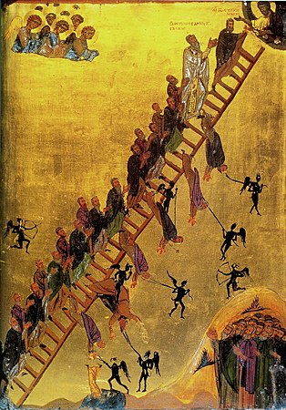 John Climacus is shown at the top of the Ladder of Divine Ascent icon, with other monks following him, 12th-century icon (Saint Catherine's Monastery, Mount Sinai, Egypt)
