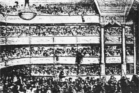 The interior of the Théâtre des Funambules. The upper balcony, where the cheapest seats were located, was called Paradis (Paradise).